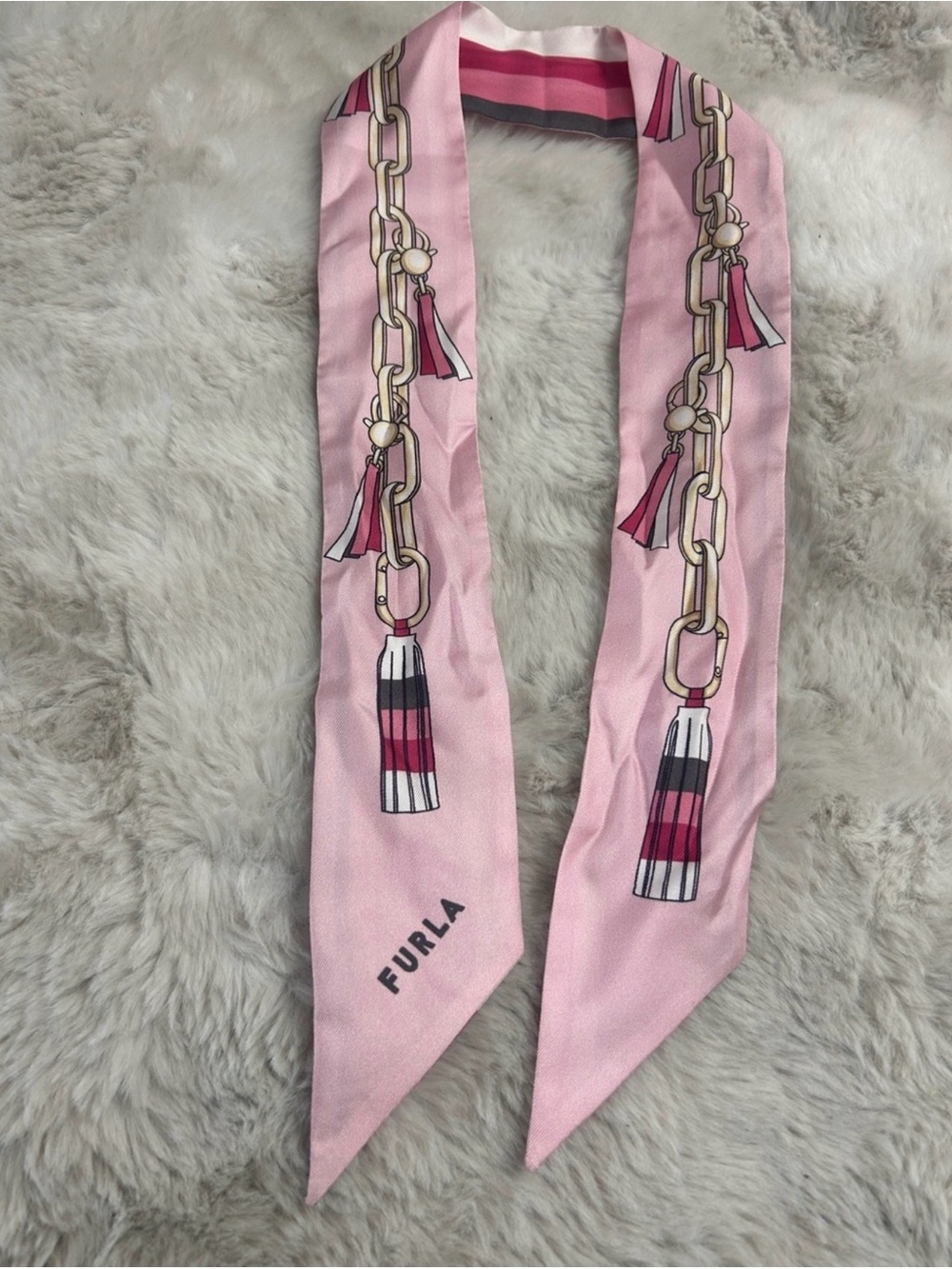 Furla Pink Silk Chain & Tassel Print Twilly Scarf
